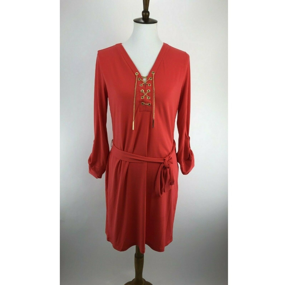 Michael Kors Red Lace-Up Belted Long Sleeve Dress